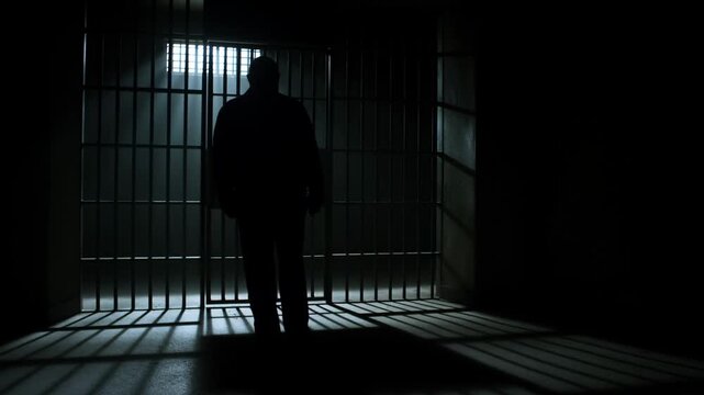 Static shot of silhouetted man standing at prison cell door with light casting bar shadows across concrete floor