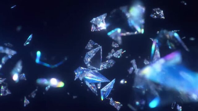 Slow motion tracking shot of crystal shards exploding and drifting toward camera in dark studio space with iridescent reflections