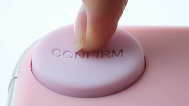 Macro tracking push in close up of finger pressing confirm button on pink electronic device in studio lighting