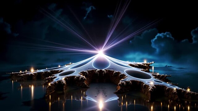 Surreal abstract landscape with a bright light beam radiating from a dark star island