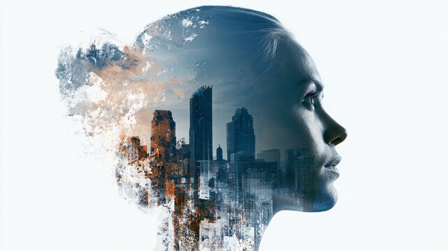 A creative double exposure portrait of a woman with a cityscape inside her head