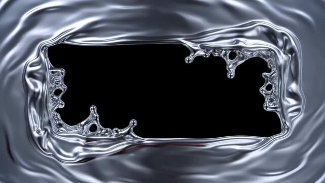 Slow motion close up of liquid metal forming dynamic rectangular frame around black opening on reflective surface with rippling splash and morphing chrome border in studio lighting