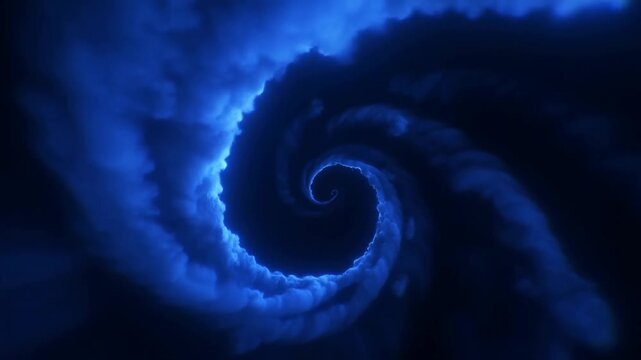 Slow tracking zoom of glowing blue spiral cloud vortex rotating in dark night sky atmosphere close aerial perspective with inward rotational motion and textured mist