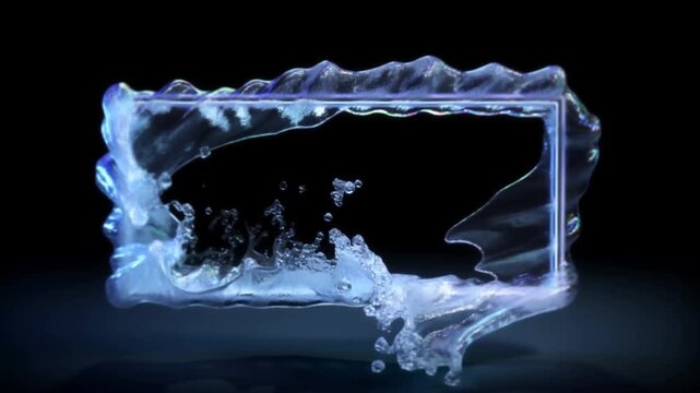 Slow motion tracking shot of rectangular glass frame with water splashing and flowing on dark studio tabletop isolated stage