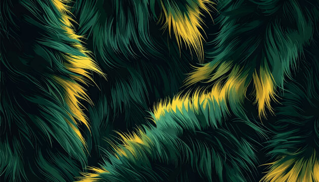 Luxury dark green fur vector background. Elegant seamless animal skin pattern with realistic neon yellow fluffy highlights on long emerald hair. Trendy exotic cat pelt design for chic winter fashion.