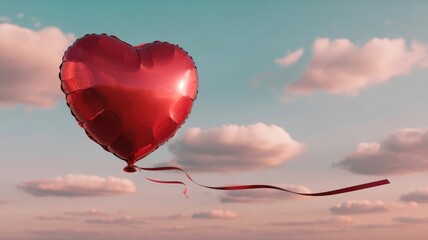Fototapeta premium A glossy metallic red heart balloon floats gracefully with a long flowing ribbon under bright natural sunlight during the day