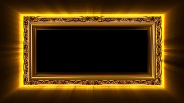 Panning slow motion shot of ornate gold picture frame rotating and glowing on dark gallery wall with radiant light reveal
