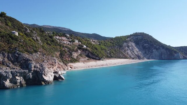 Aerial drone flying over milos beach in lefkada, greece