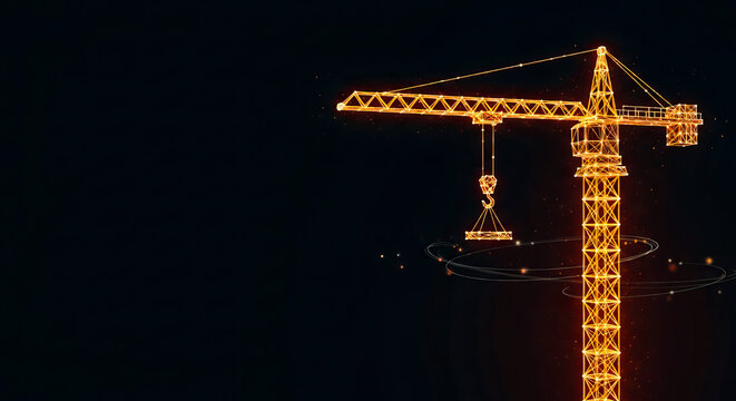 Glowing wireframe construction crane digital illustration showing structural engineering design features on transparent background