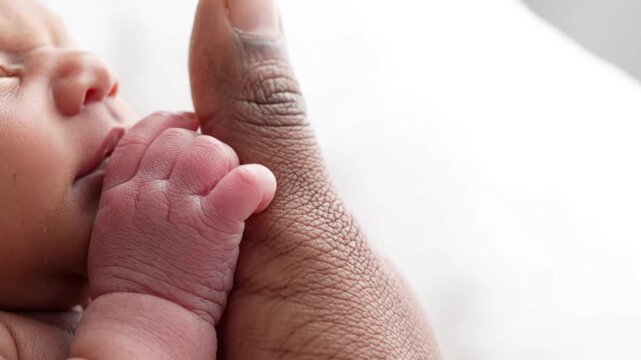 Newborn Baby Grasping Adult Finger Gentle Touch Close Up