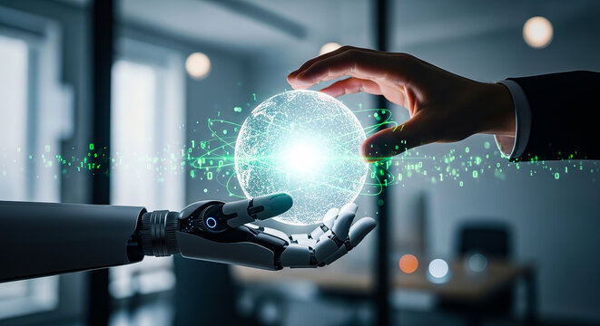 Human hand and robotic hand interacting with a glowing digital globe sphere on transparent background