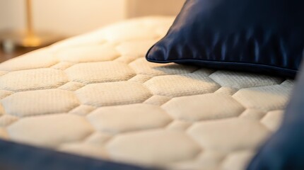 Fototapeta premium Comfortable mattress with quilted surface and dark navy pillow resting on top, showcasing bedding comfort and sleep quality for home decor and wellness content.