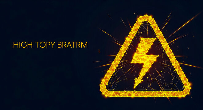 Glowing digital warning sign with a lightning bolt symbol rendered in a wireframe on transparent background