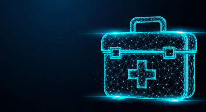 Digital wireframe illustration of a medical first aid kit shown glowing bright blue on transparent background
