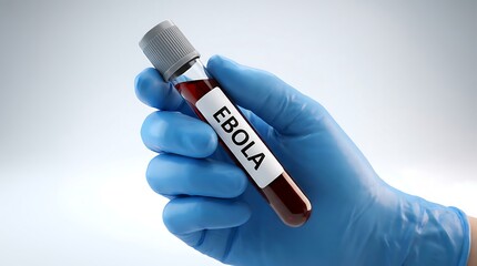 Obraz premium Close-up view of hand in blue nitrile glove holding blood sample in test tube with ebola label for medical examination purposes.