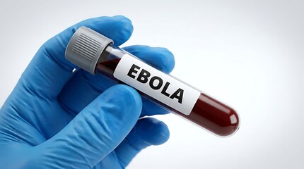 Obraz premium Hand wearing blue medical glove holds test tube containing blood sample labeled ebola for laboratory analysis and disease identification.
