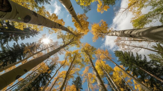 Tall slender aspen trees with vibrant yellow autumn foliage reaching toward a bright blue sky captured from a low angle