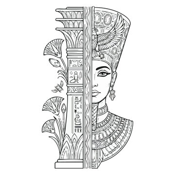 Black and white outline vector drawing of half an Egyptian queen's face and half a decorative pillar.