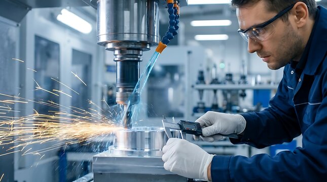 Industrial precision machining worker operating CNC machine with sparks flying, using calipers for accurate measurement, safety glasses and gloves.
