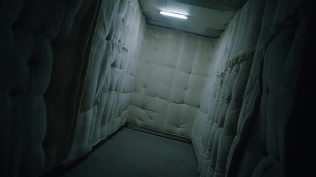 Panning shot of padded room interior with fluorescent light revealing empty isolation cell in clinical psychiatric facility