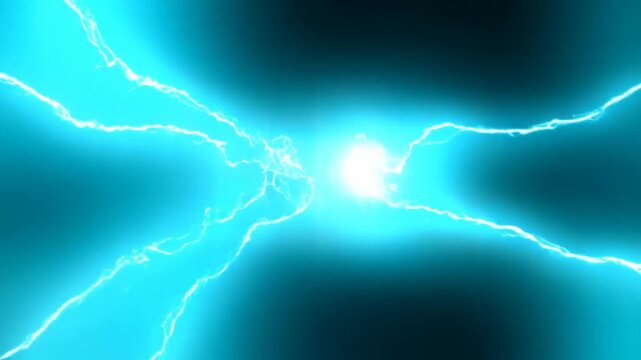 Slow motion tracking shot of electric blue plasma bolts converging and colliding to form glowing arc against dark void background