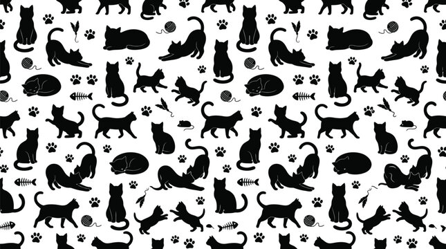 Seamless pattern with black cat silhouettes, paw prints, yarn balls and fish bones