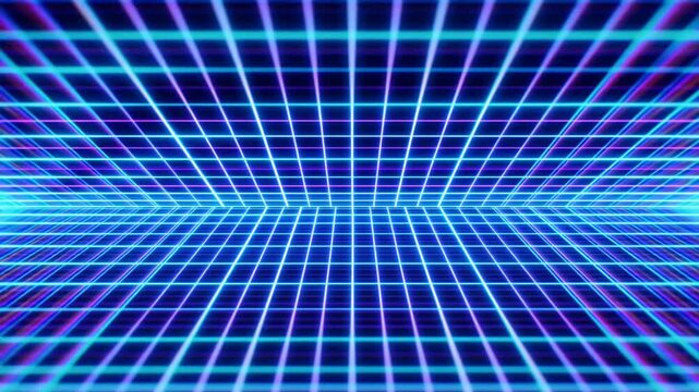 Tracking shot of neon grid converging lines moving forward across retro digital studio floor and wall with vanishing point