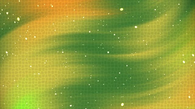 Abstract green and orange wavy background with halftone texture and glowing particles.