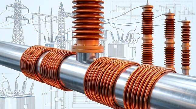 Close up of electrical insulators on large metal pipe against blueprint background showing power grid infrastructure, technical drawing.