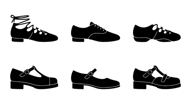 Irish Dance Shoes Collection, Black Silhouette Vector Icons Set, Tap & Ballet Styles