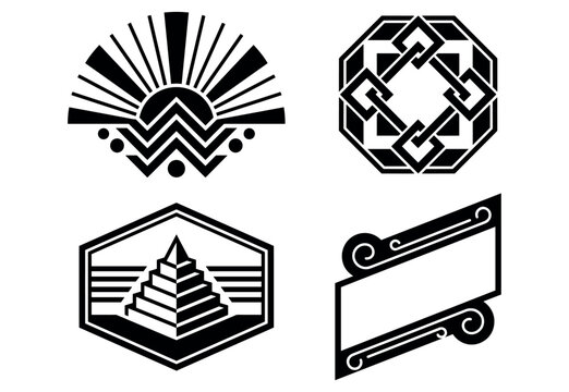 Set of geometric cultural pattern symbols featuring pyramid structures and radiant sun rays.