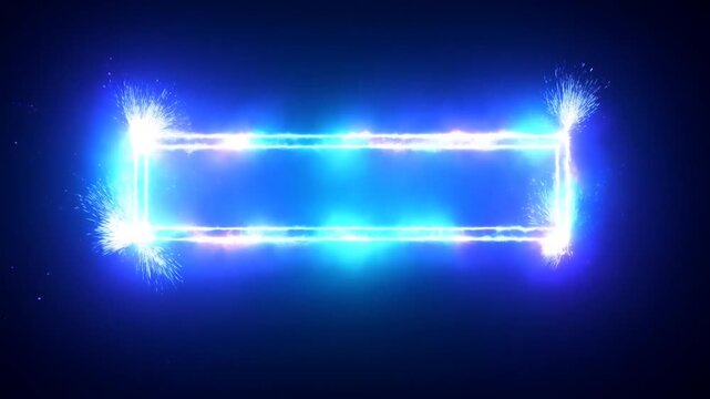 Static shot of glowing electric rectangle forming and expanding with sparks and luminous neon border on dark digital studio background