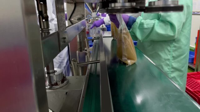 Food packages being sealed on an automated production line in a food manufacturing facility. Packaging process supporting product protection, quality control, and efficient food distribution.