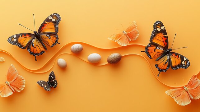 Butterflies on orange background with flowers and eggs