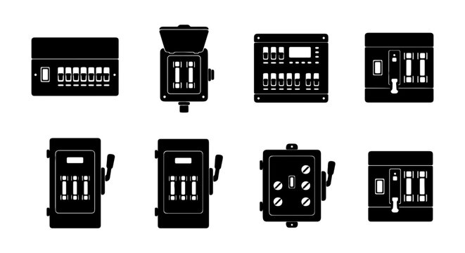 Electrical Fuse Box Icons, Circuit Breaker Panels, Vintage Power Switches, Industrial Safety Devices