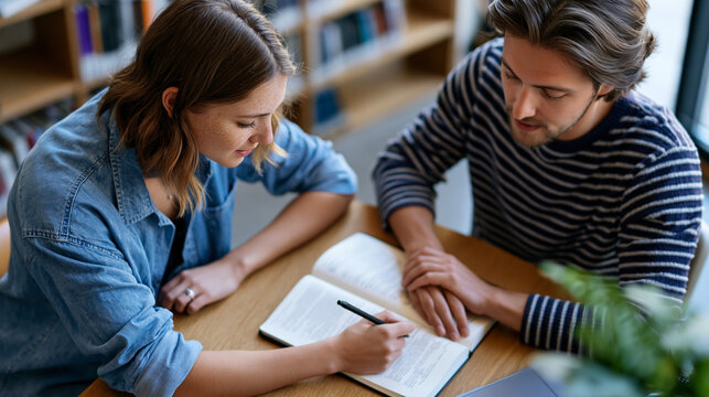 A European pair of university scholars viewed from above works softly on a collaborative project using a calm notebook in a bright library in soft daylight scholar mentorship