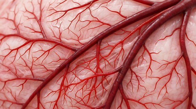Detailed close up of intricate network of red human blood vessels and capillaries on pink tissue background medical illustration science.