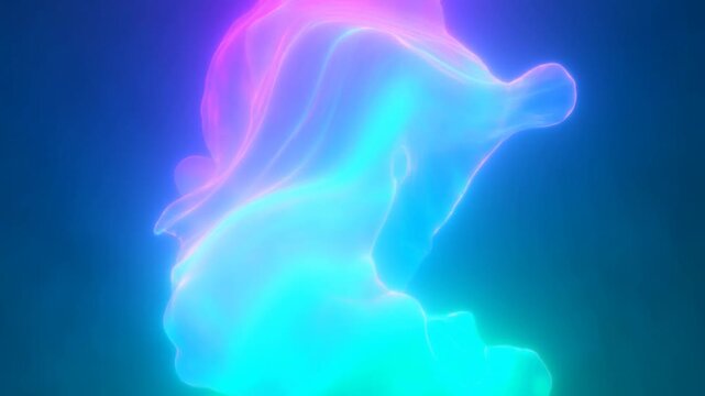 Slow motion tracking of abstract neon fluid shape morphing and rising light energy ribbon against dark studio background