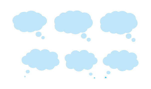 Speech Bubbles: A collection of light blue, cloud-shaped speech and thought bubbles, each with small accompanying dots, arranged in two rows of three, ready to be filled with ideas and dialogue.