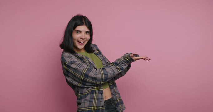 Young woman shows fun expressions and gestures against a pink background in multiple frames