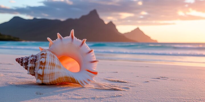 Large spiked seashell on a sandy tropical beach at sunset