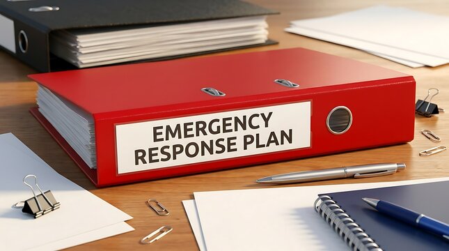 Red binder labeled emergency response plan on wooden desk with office supplies including pens paper clips and other binders nearby.