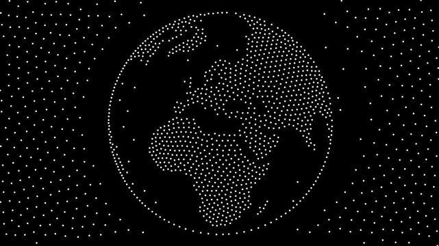 Digital planet earth globe stipple particle animation with blinking white dots on black background