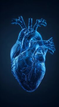 Human heart anatomy in blue medical X-ray style illustration showing science biology and healthcare concepts.