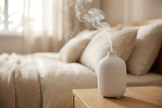 Cozy bedroom with essential oil diffuser emitting fragrant mist on bedside table, soft natural light illuminating space and creating calming ambiance.