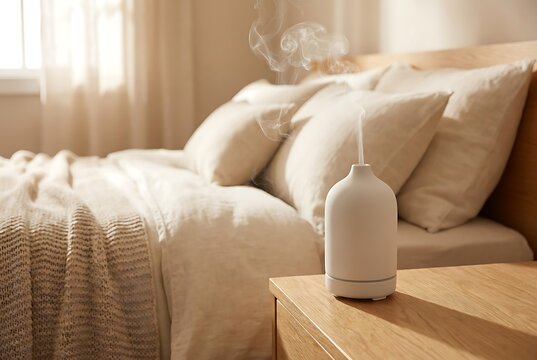 Cozy bedroom with essential oil diffuser emitting fragrant mist on bedside table, soft natural light illuminating space and creating calming ambiance.