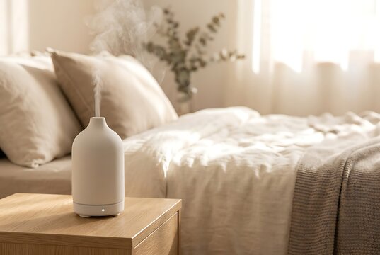 Cozy bedroom with essential oil diffuser emitting fragrant mist on bedside table, soft natural light illuminating space and creating calming ambiance.