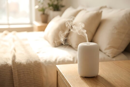 Cozy bedroom with essential oil diffuser emitting fragrant mist on bedside table, soft natural light illuminating space and creating calming ambiance.