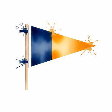 Blue Orange Pennant Flag on Wooden Pole with Paint Splatter Effect