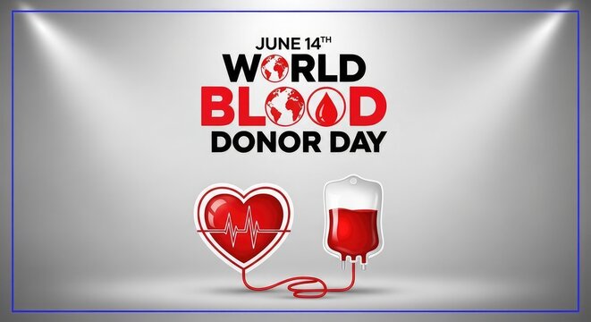 Minimal world blood donor day banner with an IV bag suspended on a metallic stand over hearts